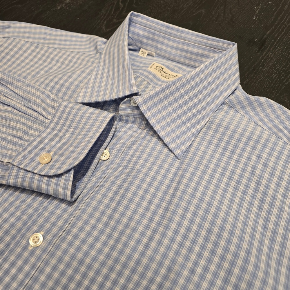 Charvet Paris Mens Blue White Check Cotton Dress Shirt 17.5 44.5 Made in France